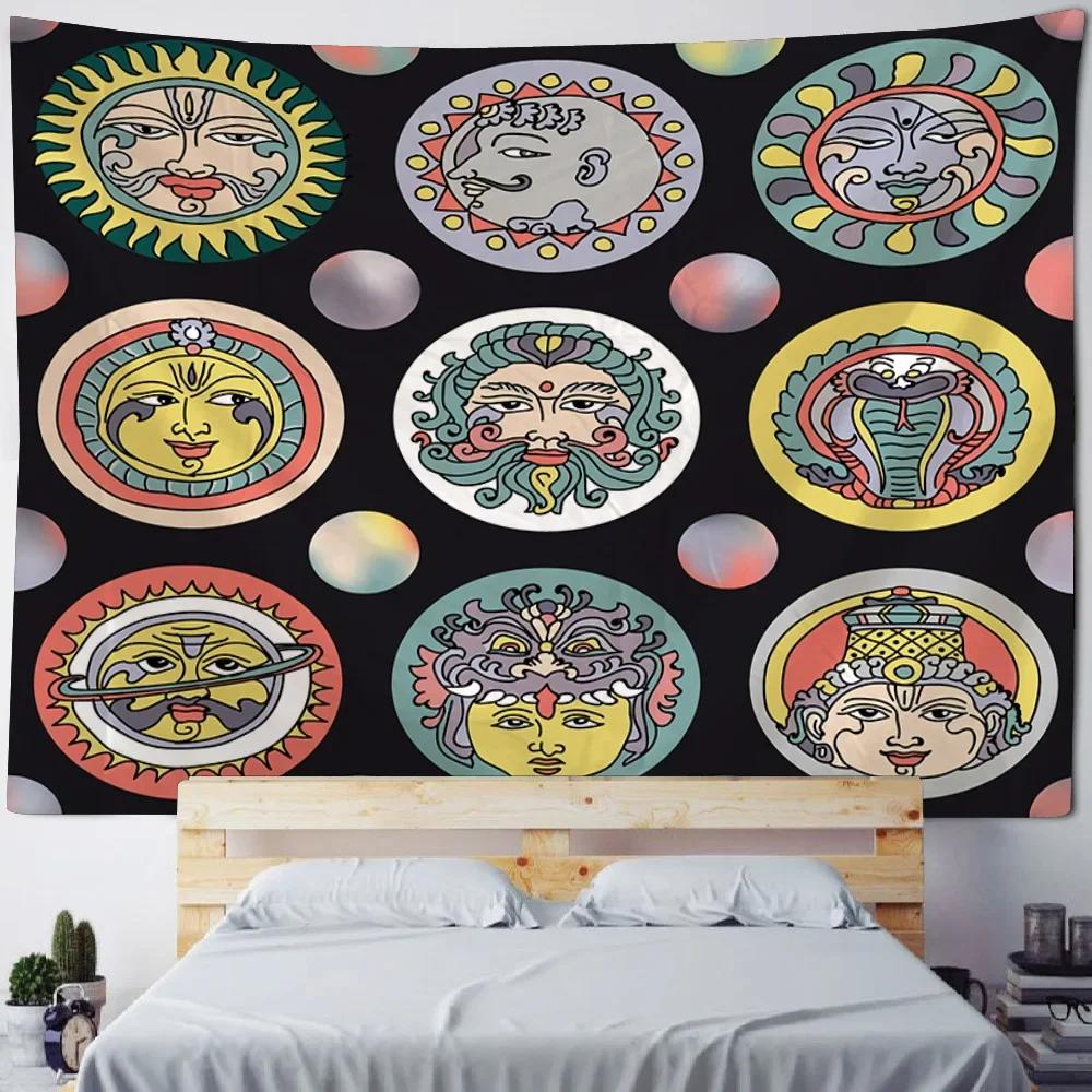 Sun God Art Tapestry Hippie Sun Moon Wall Tapestry Home Aesthetics Decoration Wall Cloth Beach Towel Tablecloth Bed Sheet