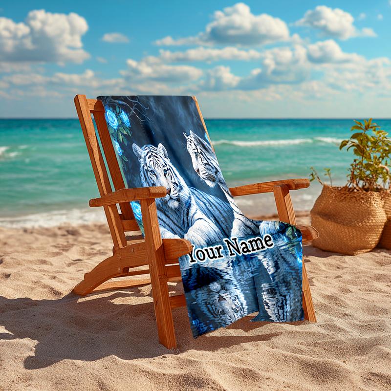 1PC Custom Name White Tigers Reflection Beach Towel Highly Absorbent And Sand-Resistant Towel for Swimming, Pool, Yoga, And Travel Lightweight