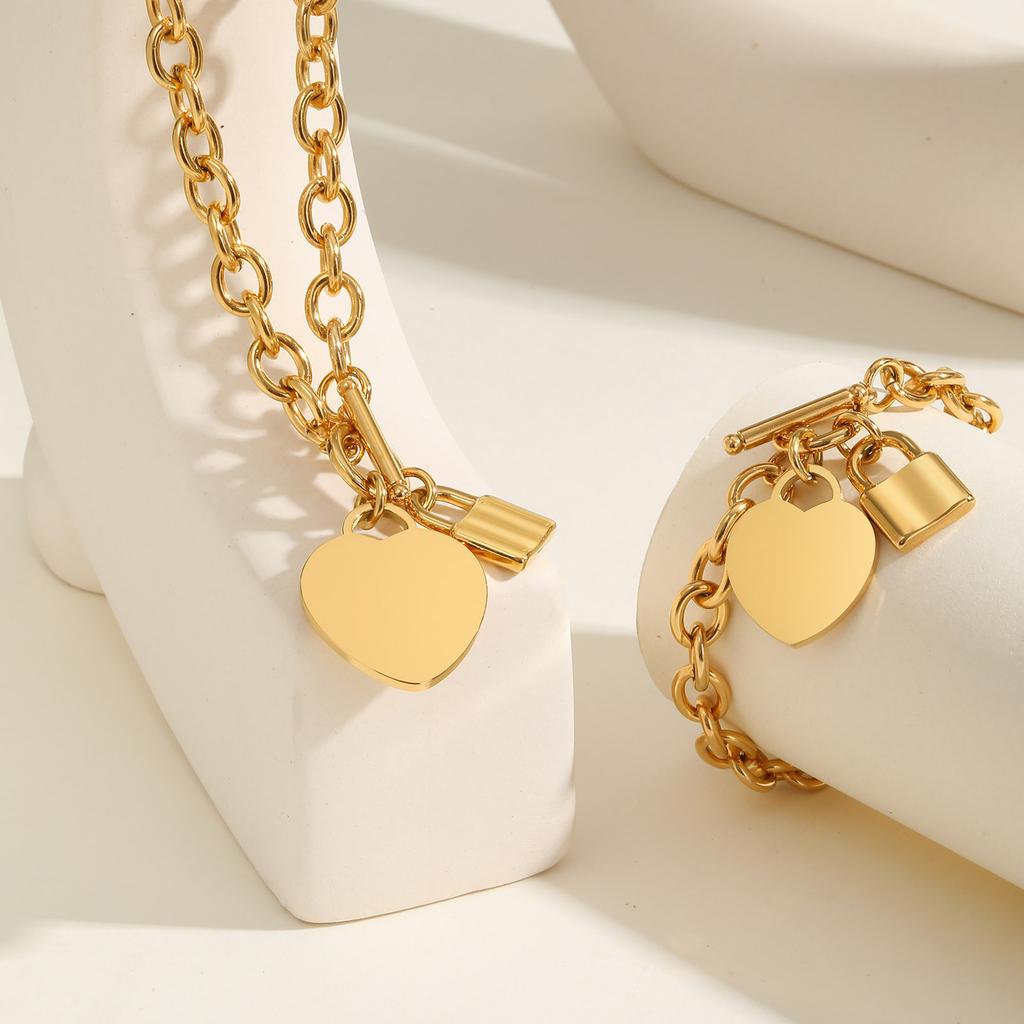 Vnox Luxury Love Lock Necklace Bracelet Set Stainless Steel Thick Chain Punk Rock Female Jewelry Gifts
