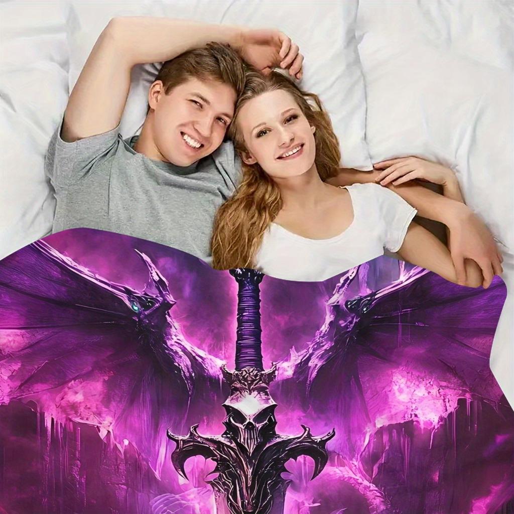 1pc Fantasy Purple Giant Sword Blanket - Epic Purple Sword & Dragons design, Soft Flannel Throw for Home, Camping, Office