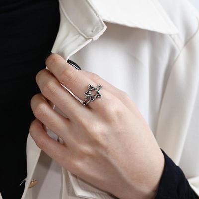 Retro Blackened S925 Sterling Silver Thai Star Carved Ring for Women