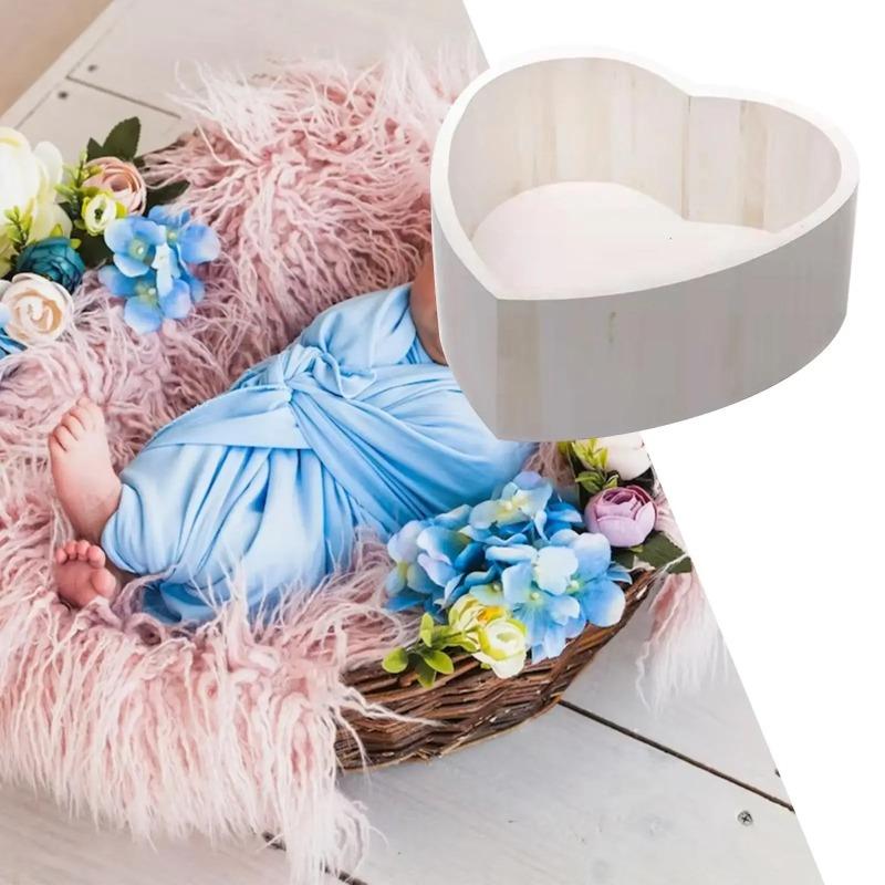 Baby Bed Set Heart Shape Box Vintage Wooden Basin Newborn Posing Gear Safe Photo Shooting Accessories For Newborn Portrait Props