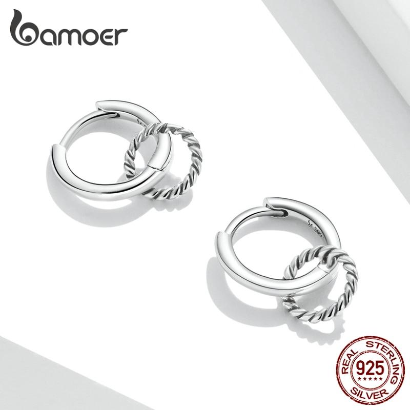 Authentic 925 Sterling Silver Double Ring Ear Buckles Round Circle Earrings For Women Silver Jewelry Sce1199