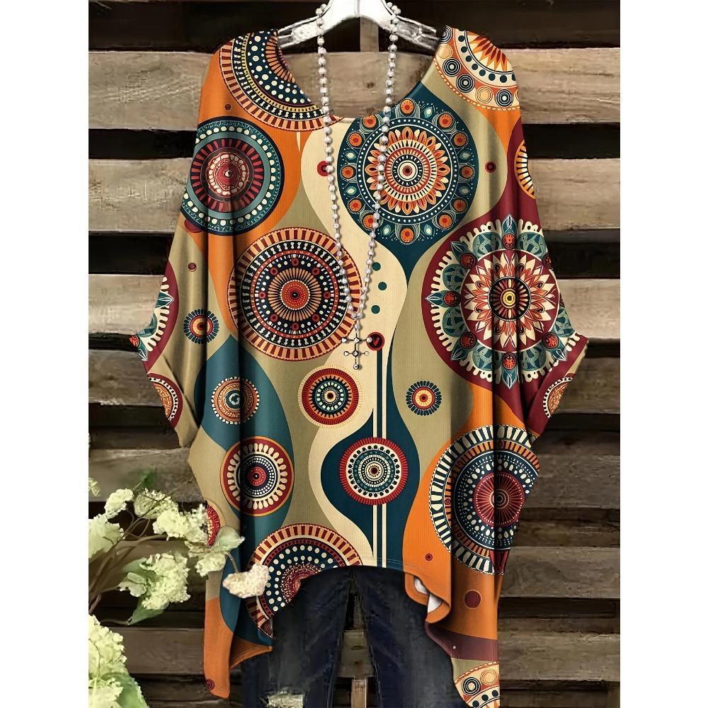 Bohemian Floral Tunic Plus Size Women's Bohemian Floral Print Tunic T-Shirt Short Sleeve Round Neck Casual Top Vibrant 2025