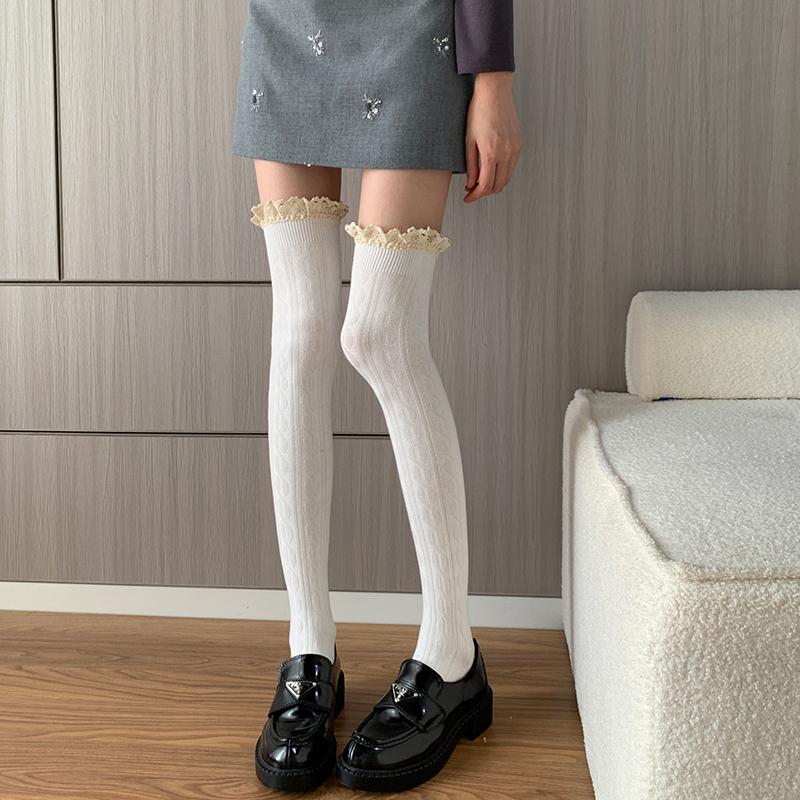 Herfst/Winter Preppy Stijl Sokken tot Over de Knie met Kantrand Effen Kleur Verticale Strepen Compressiekousen