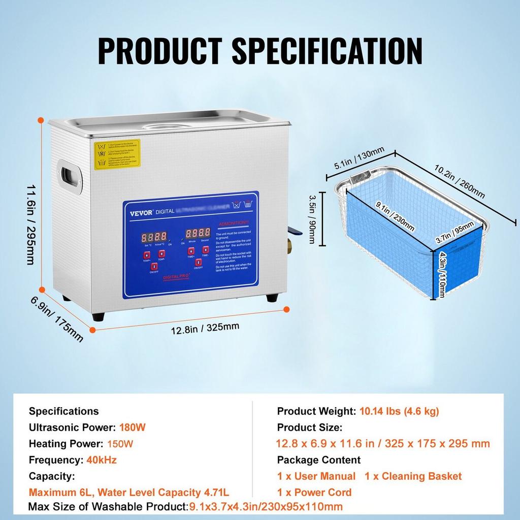 Ultrasonic Cleaner Machine, 6L Stainless Steel Ultrasonic Cleaning Machine, with Digital Heater Timer, Jewelry Cleaning for Commercial Personal Home