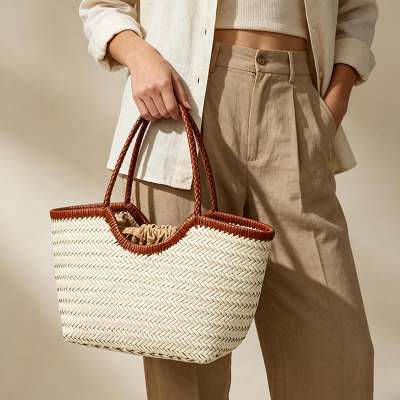 French Retro Woven Handbag With Lining Genuine Leather Handmade Woven Basket Ins Simple Style Women Shoulder Bag Underarm Bags