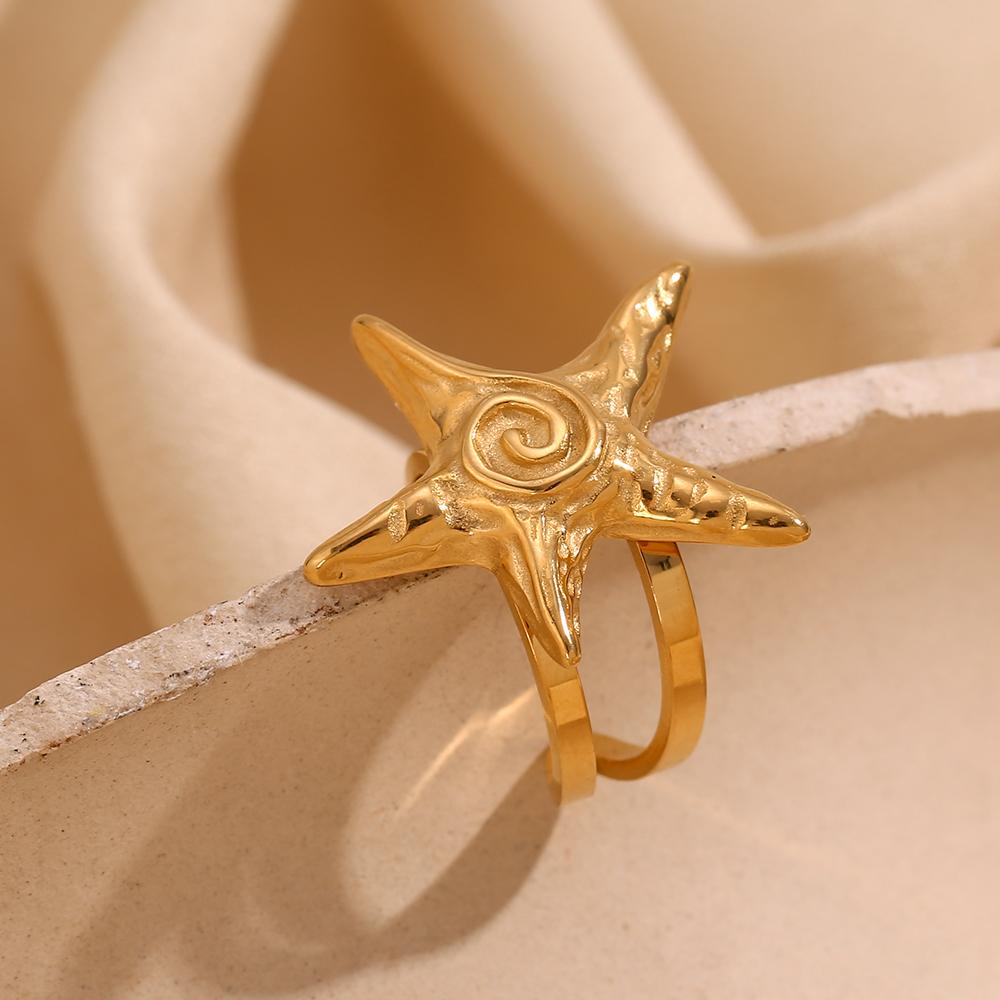MamacitaSlay 316L Stainless Steel Starfish Central Vortex Opening Rings Waterproof 18K Gold Plated Jewelry Women's Unique Gift