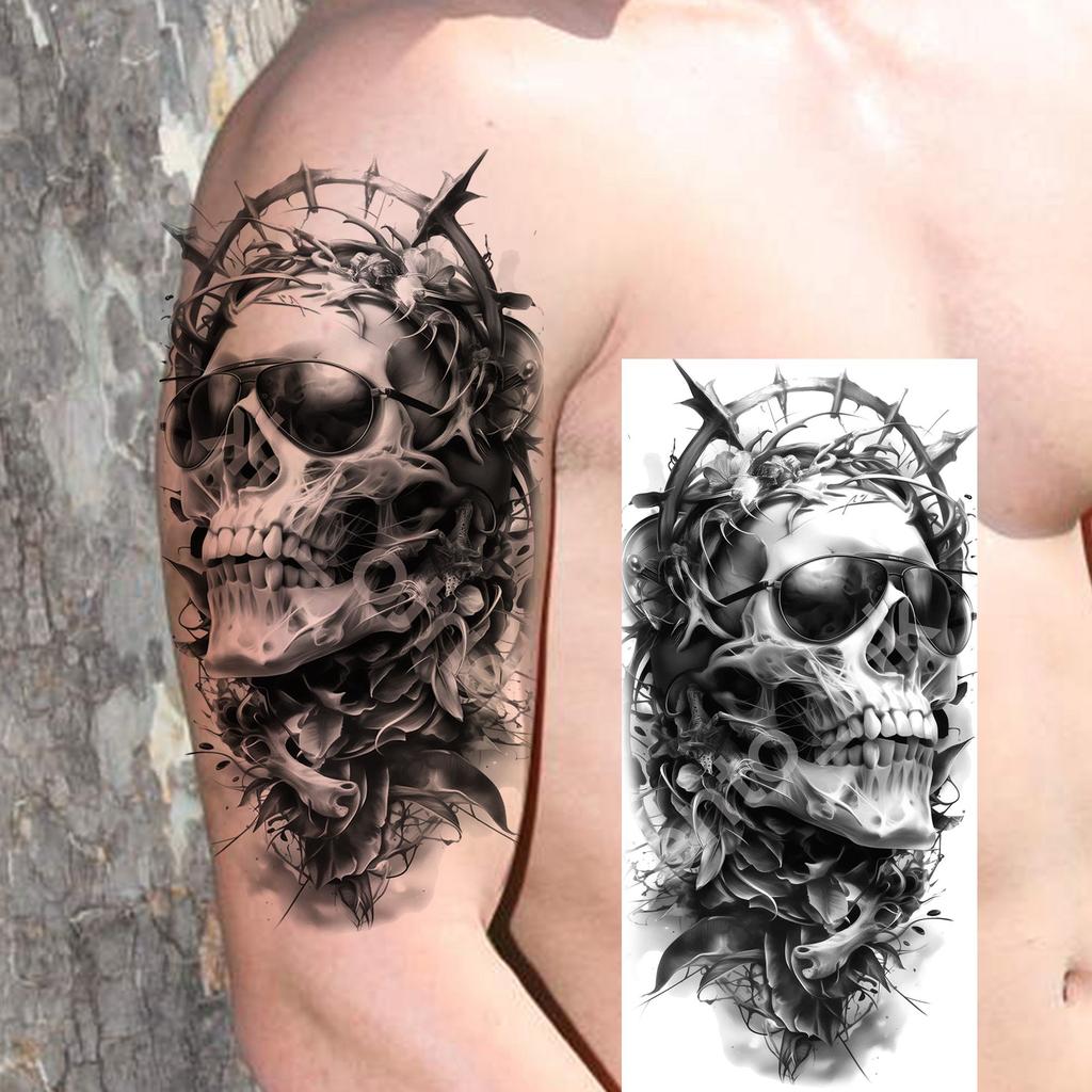 1 Blatt Gruseliger Sensenmann Totenkopf Temporäre Tattoos Halloween Tattoos Langlebig Wasserdicht Tiger Wolf Bestie Fake Tattoo Aufkleber