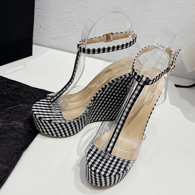 Liyke Sommer PVC Transparent Damen Keilsandalen Mode Schwarz Weiß Gitter Plateau High Heels Sexy Offene Zehen Party Kleiderschuhe