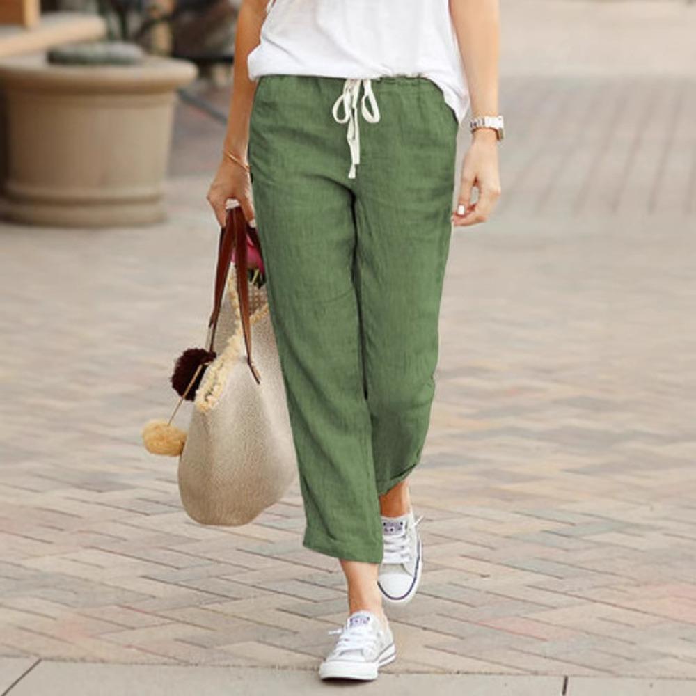 Women's Drawstring Waist Linen Pants Loose Straight Leg Trousers Casual Solid Color Elastic High Waist Joggers For Summer Daily Wear