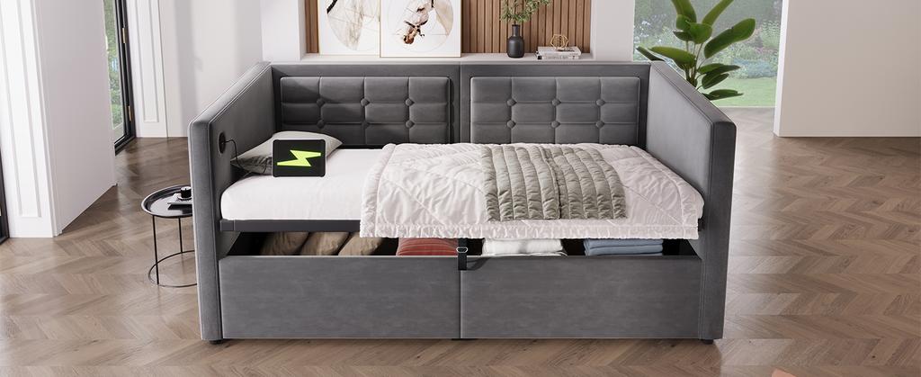 Sofa Bed 90x200 Cm, Single Sofa Bed with Hydraulic Storage USB & Type-C Charging, Guest Bed with Slatted Base, Grey, Velvet, Without Mattress.