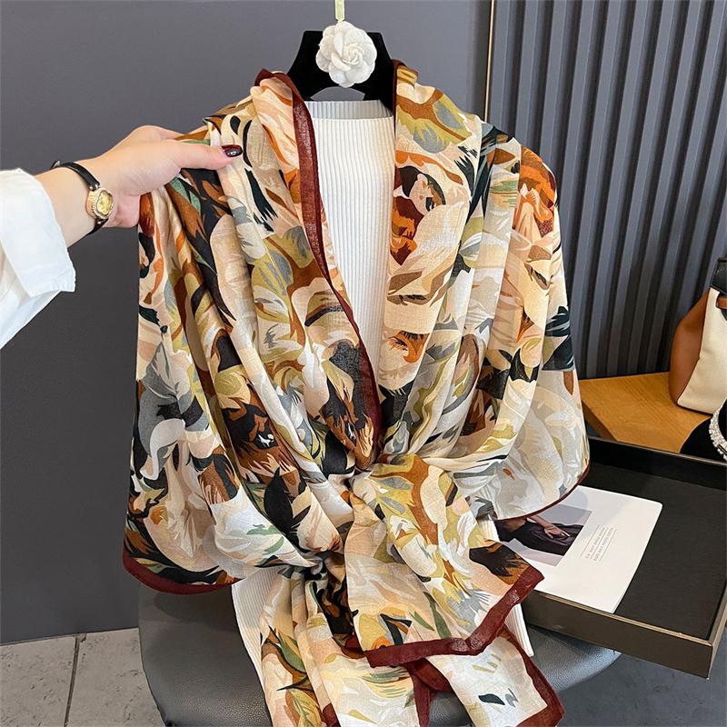 New Spring Women Cotton Scarf Beach Hijab Shawls and Wraps  Luxury Brand Flower Female Foulard Echarpe Designer Bandana for Daily Use