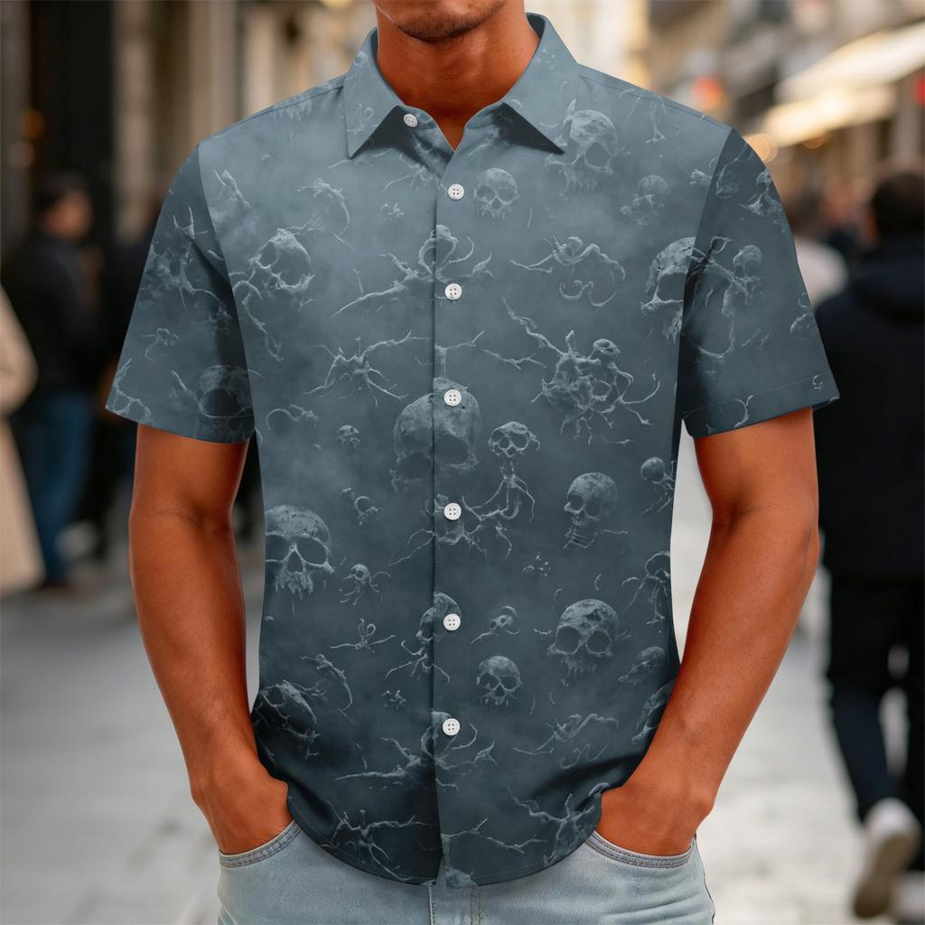 Men's Halloween Print Vintage Texture Button Down Cardigan, Loose Fit Breathable Summer Streetwear Casual Shirt