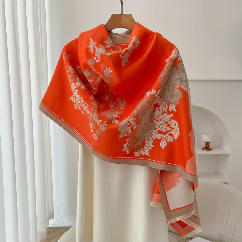 Luksusmerke Cashmere Kvinner Blomstret Skjerf Vinter Varmt Sjal og Wrap Bandana Pashmina Kvinne Foulard Firkantet Tykk Teppe Poncho