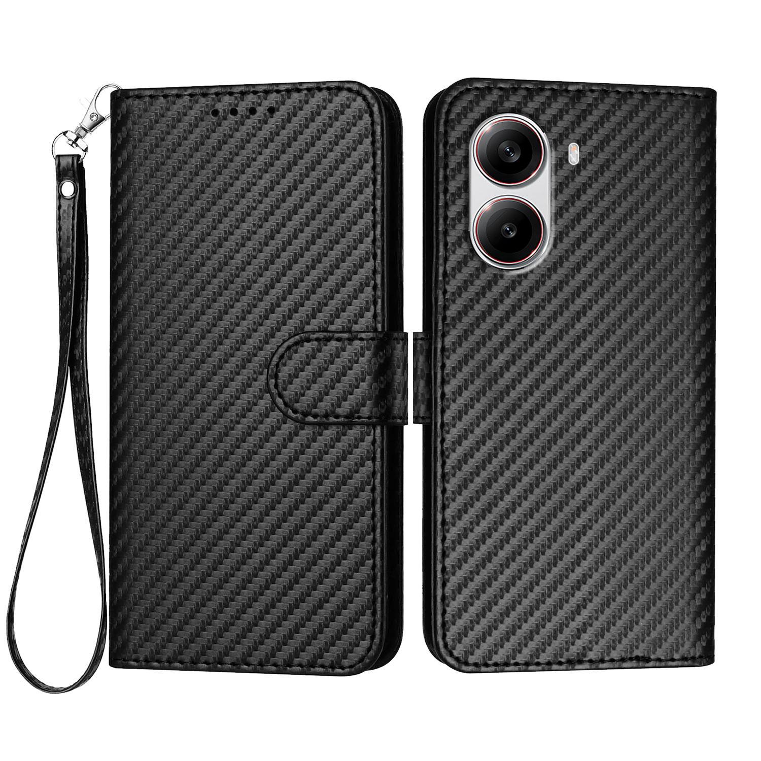 

For Xiaomi Redmi Turbo 4 5G/Xiaomi Poco X7 Pro 5G Wallet Case with Strap Carbon Fiber Texture Leather Mobile Cover Black