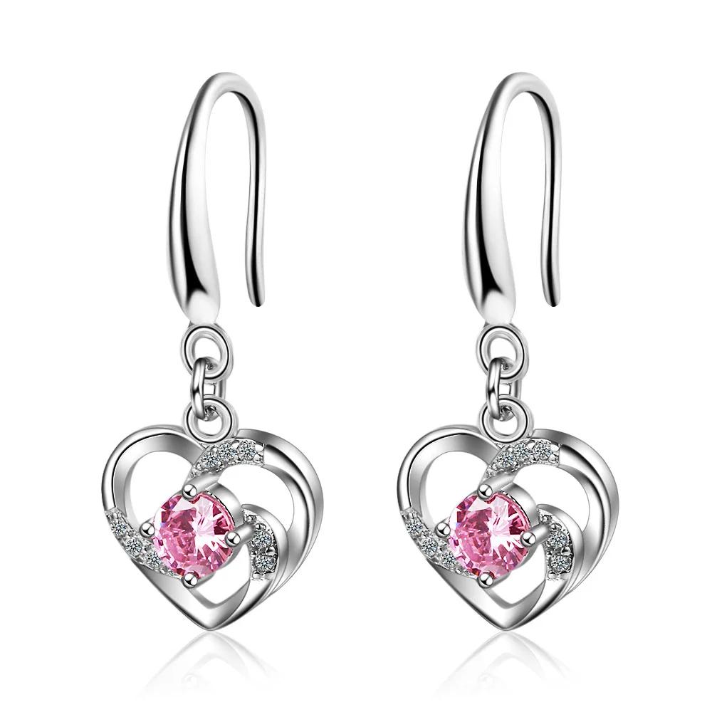 Fashion Female Earrings  Sterling SIlver Love Heart Shaped Pink CZ Zircon Earrings for Women Girls Pendientes Oorbellen