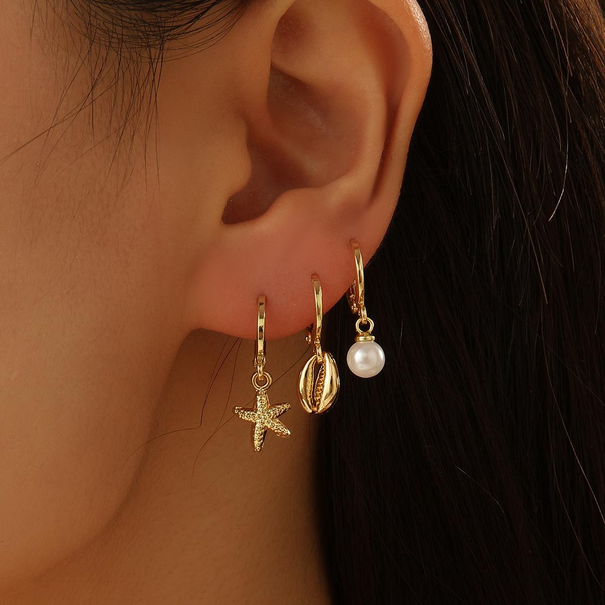 

3 Pcs Boho Starfish Shell Hoop Earrings Set for Women Imitation Pearl Metal Geometric Earring Girl Beach Party Versatile Jewelry