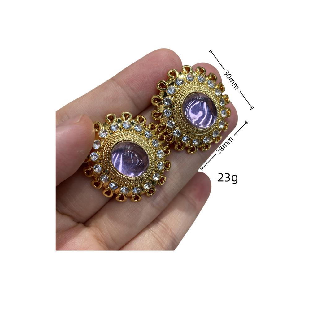 Medieval Vintage Round Retro Stud Earrings Necklace, Western Gold-Plated Purple Glazed Gemstone Elegant Stud Earrings Women