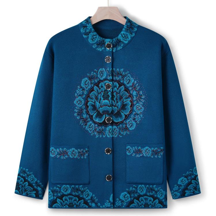 Middle-aged and Elderly Women's Sweater Autumn and Winter Sweater Jacket Grandma's Cardigan Top Mother's New Style Collar Flower Tang Suit