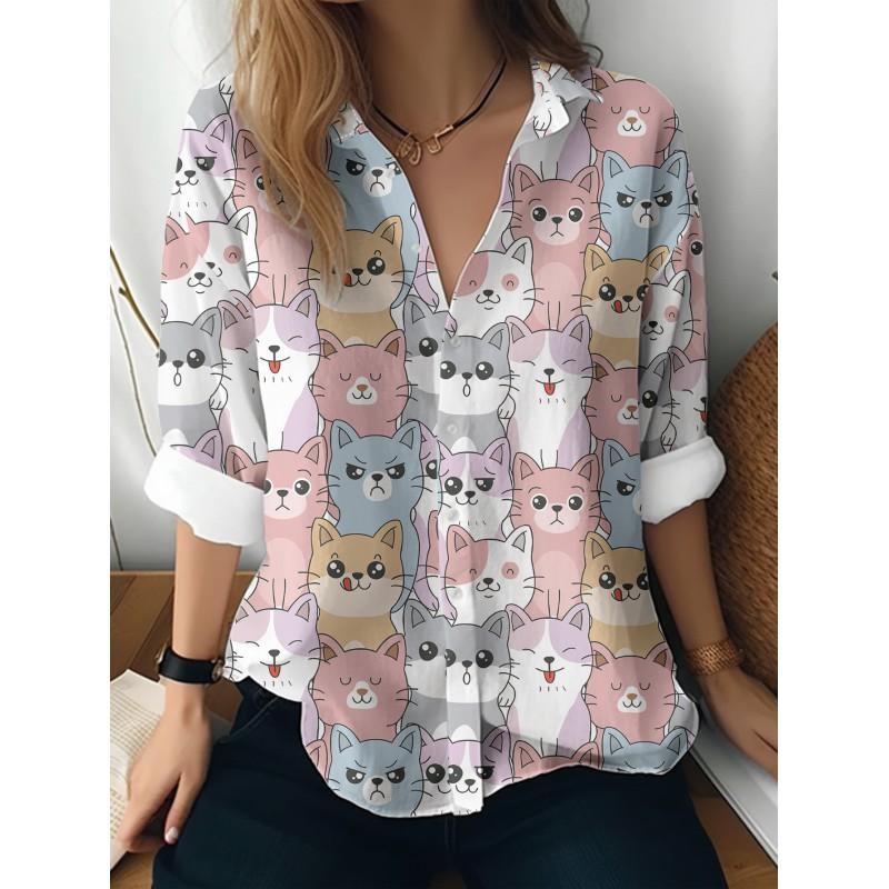 Womens Loose Fit Long Sleeve Cotton Linen Shirt With 3D Floral Print Casual Blouse 2025