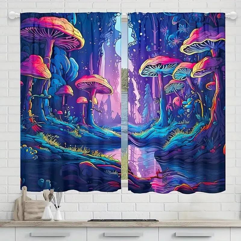 Set Of 2 Shining Mushroom Comic Pattern Printed Curtains Window Decorations Home Room Forest Curtain Polyester
