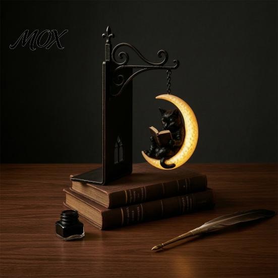 Halloween-Thema Buch-Organizer Gotische Metall-Buchstützen mit Hängeleuchte, Katze Rabe Geist Dekorativ Schwarz Heimdeko Bücherregal Lampe, Vintage