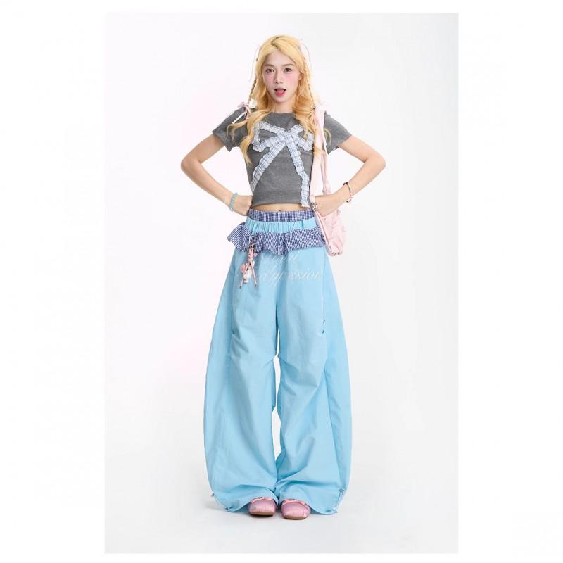 Womens Sweet Lace Splicing Casual Pants Loose Wide-Leg Trousers Hip Hop Slim Fit Long