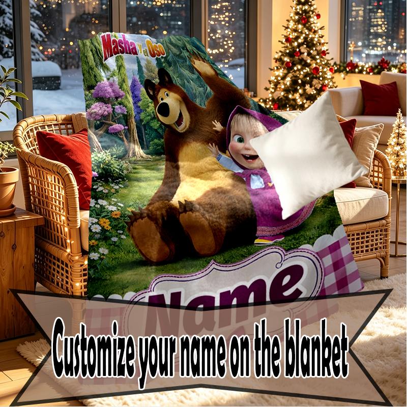 Custom Name Personalized Masha and The Bear Print Blankets, Home Decor, Bedroom, Sofa, Camping, Couch, Gifts for Birthday Christmas