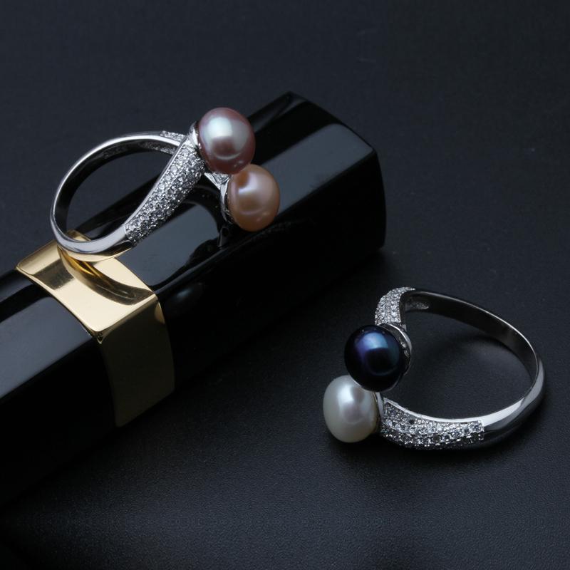 Double Pearl Rings Women Daughter Gift Bridal Black Pearl Ring