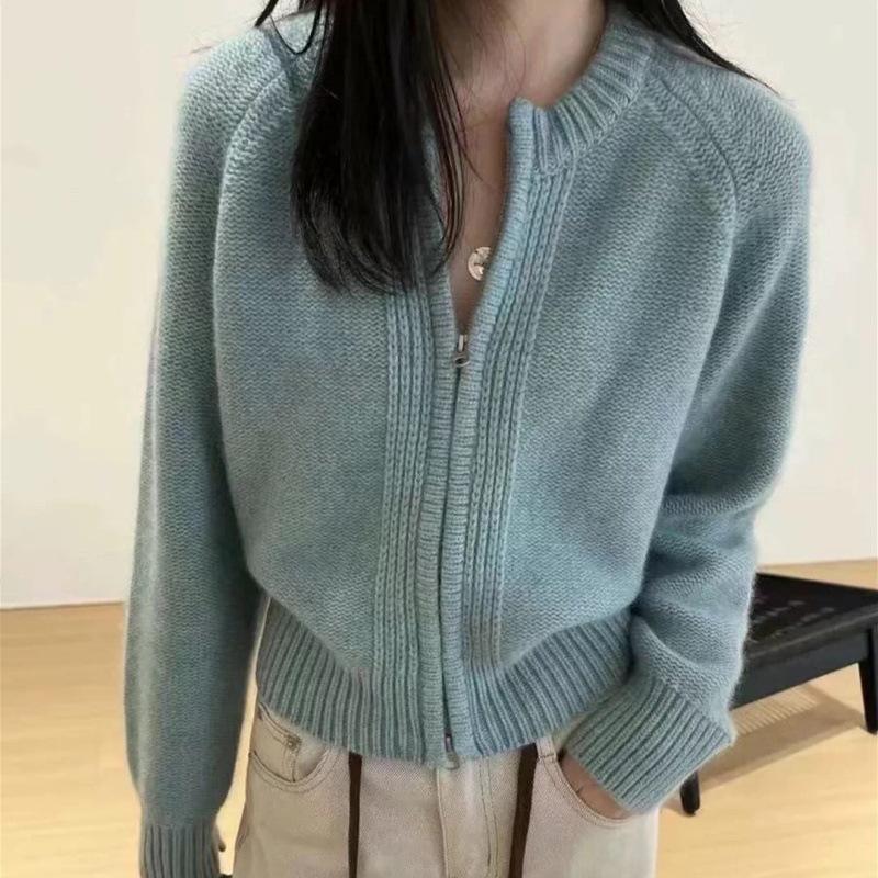 Women's Stylish Short Wool Knit Cardigan, Round Neck, Autumn Winter Cashmere Sweater Coat with Double Zipper.