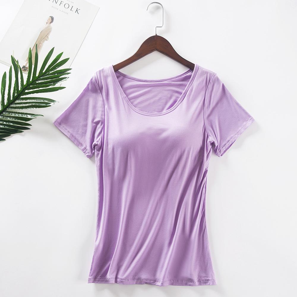 

Женская футболка из модала с короткими рукавами и встроенными чашками бюстгальтера, однотонная, идеально подходит для йоги, дома или в качестве базового спортивного топа.. Не требуется отдельный бюстгальтер. Large фиолетовый