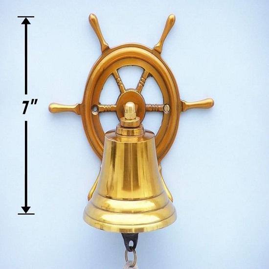 Brass Plated Hanging Ship Wheel Bell, 17.78 Cm