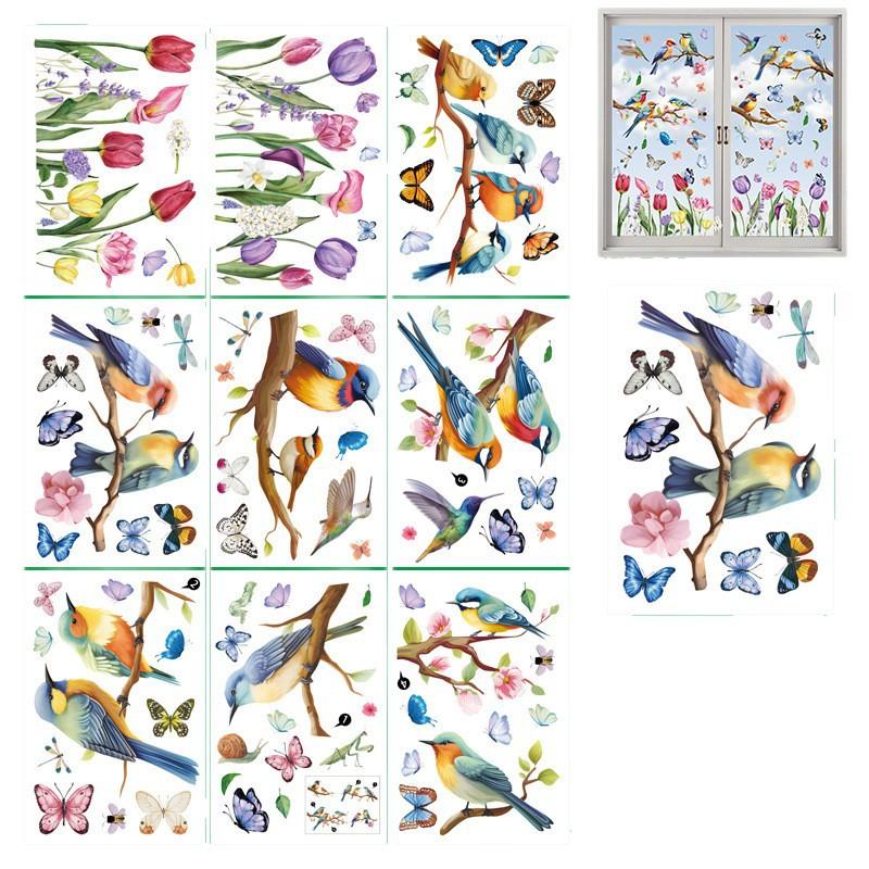 Spring Static Cling Window Stickers Cartoon Colorful Animals Tulips Flowers Living Room Wall PVC Glass Decals