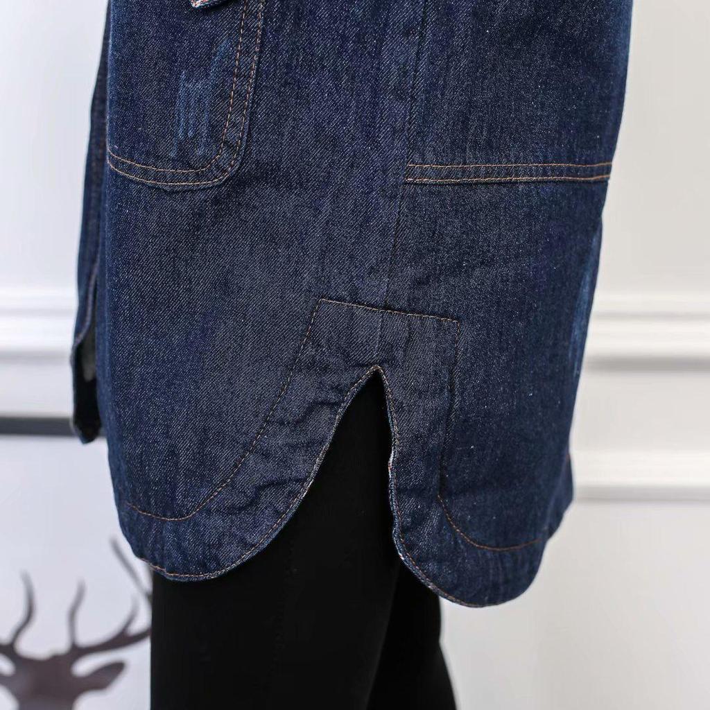 Women's Plus Size Hooded Denim Cotton Coat with Fleece Lining - Korean Style, Mid-Length, for Autumn and Winter.