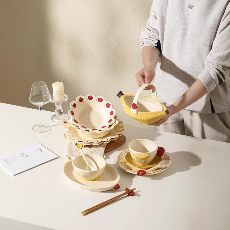 Cute Cartoon Apple & Banana Ceramic Soup Plate