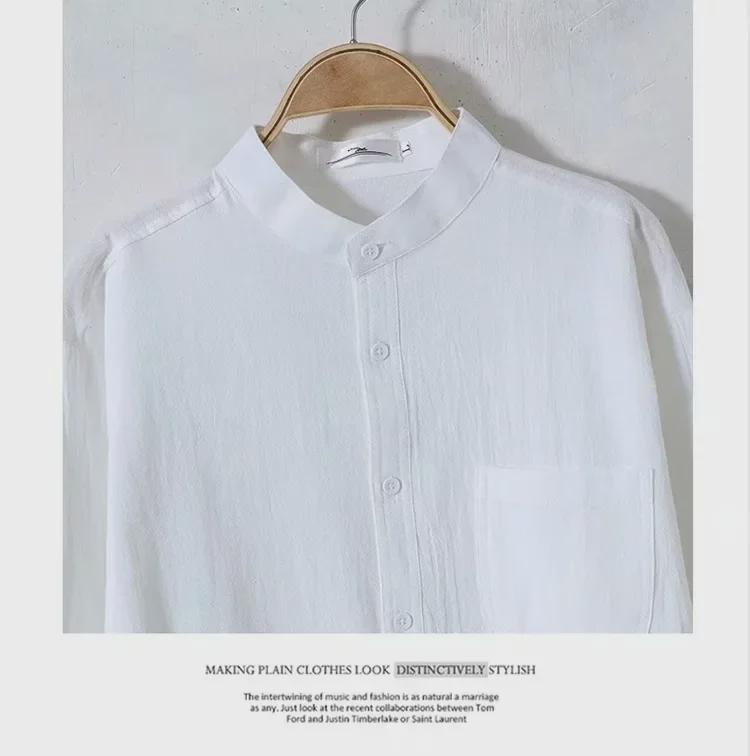 Men's Slim Fit Japanese Retro Linen-Cotton Shirt, Long Sleeve, Stand Collar, Casual All-Match Design.