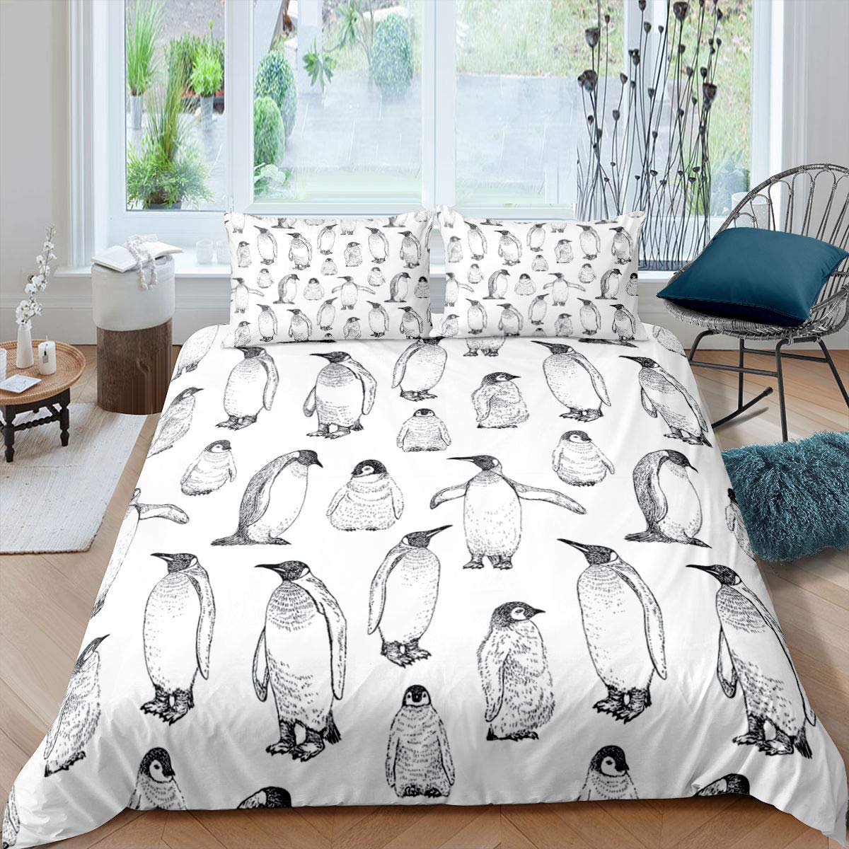 Penguin dekbedovertrek kawaii dierenprint zwart wit kleine pinguïn dekbedovertrek blauw ijsberg Antarctica winterbeddengoedset AU Double(180x210cm)