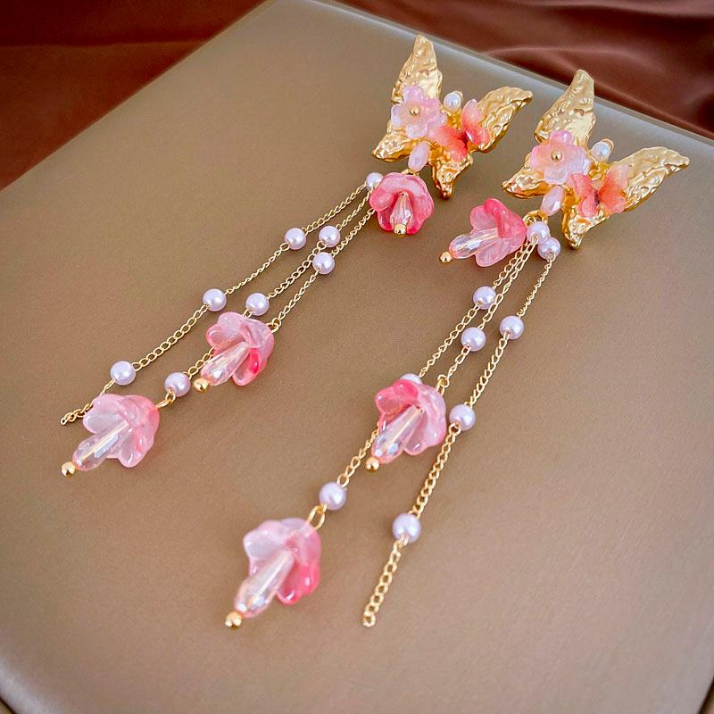 Pink Butterfly Earrings With Long Tassel Sparkly Zircon Crystal Imitation Pearl Beads Earrings Light Luxury Party Ear Jewelry K-