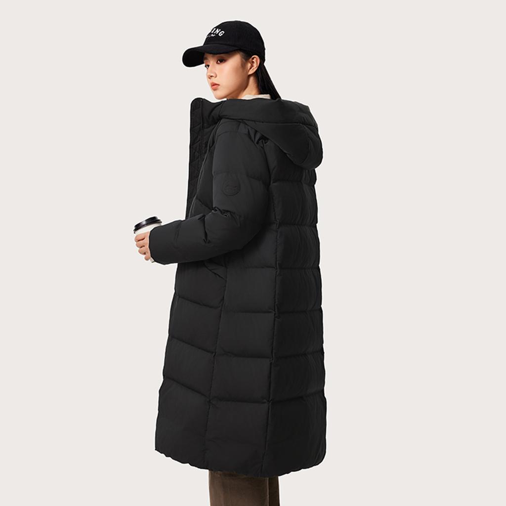 Li Ning Sports Trend Series Solid Color Cold Resistant Warm Outdoor Long Down Jacket Women Outerwear Black AYMU044-3
