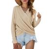 Women's V Neck Wrap Sweaters Long Sleeve Knitted Asymmetric Hem Pullover Solid Color Tops