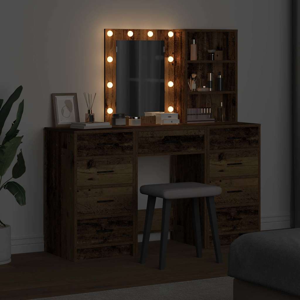 Makeup Table with Mirror Lighting (3 pcs) Brown Particleboard