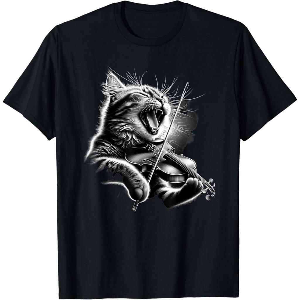 Vtipná kočka v slunečních brýlích hrající na housle Hudebník Pánská streetwearová trička Tričko s krátkým rukávem Unisex Volné oblečení