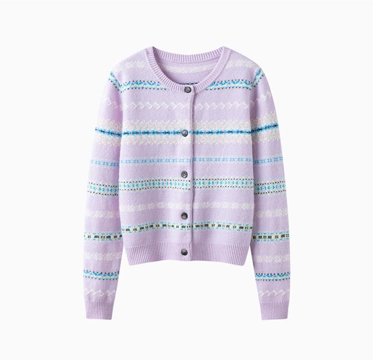 Fair Isle Striped Cashmere Cardigan - Women's Warm Round Neck Jacquard Sweater for Autumn/Winter
