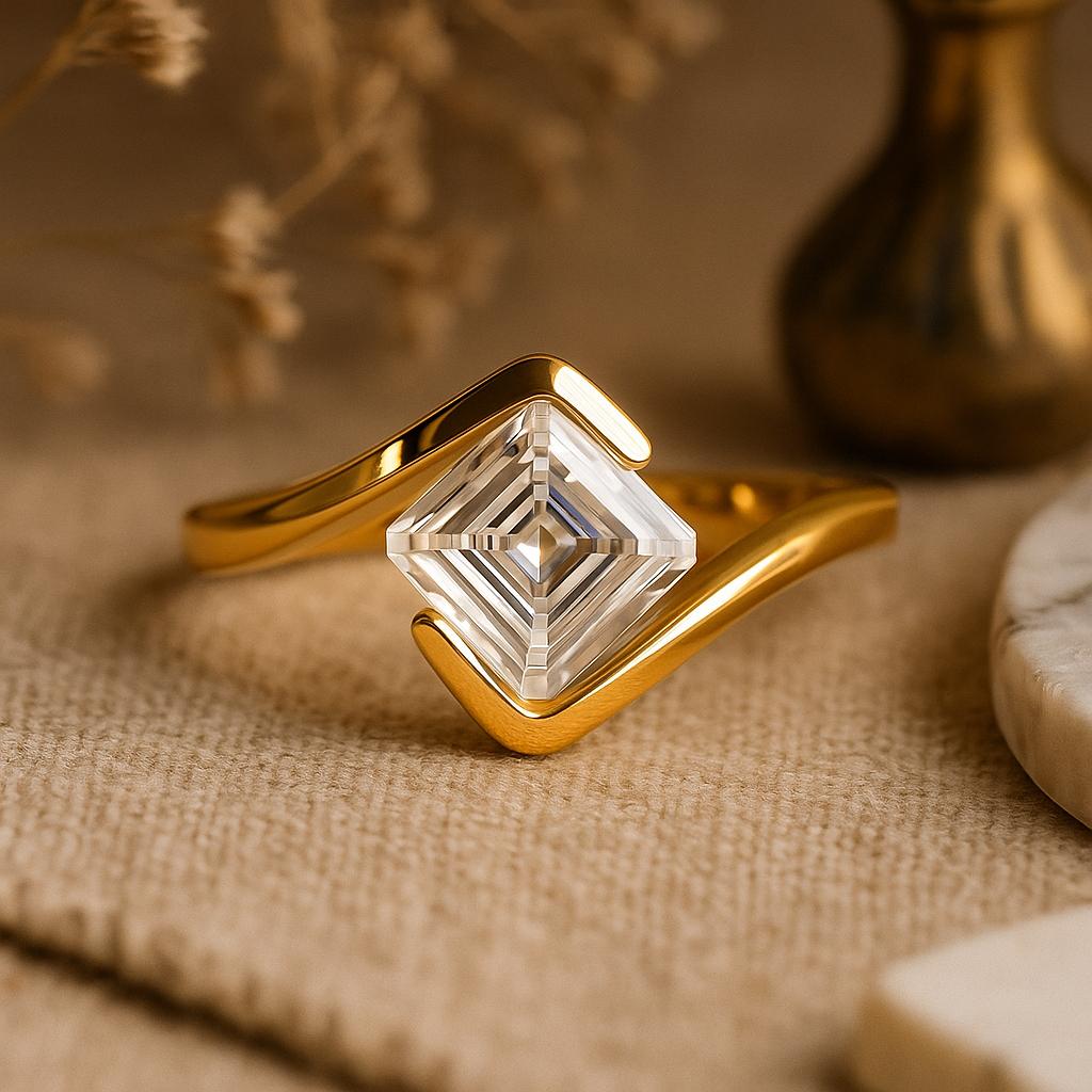 Princess Cut Moissanite Engagement Ring, Half Bezel Wave Design, Yellow Gold Plated Bridal Jewelry, Anniversary Promise Ring for Her