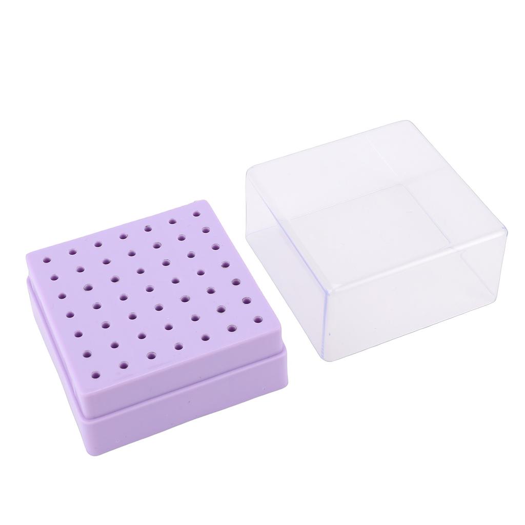 49 Holes Nail Drill Bits Holder Nail Polish Head Storage Box with Clear Dust Lid for Salon Home Purple