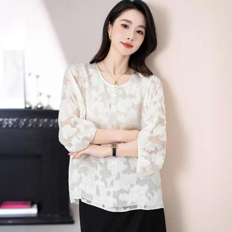 Spring Summer New Fashionable Loose Embroidered Printed Three-quarter Sleeve Simple Versatile Top for Women