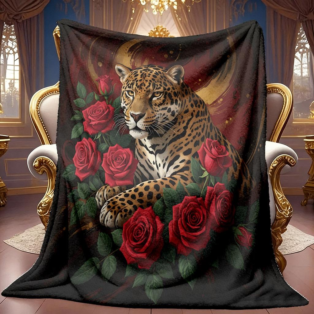 1pc 2D Leopard And Red Rose Theme Pattern Flannel Blanket, Soft HD Digital Print, Cooling Blanket All-Season Use! Soft And Breathable 100% Polyester F