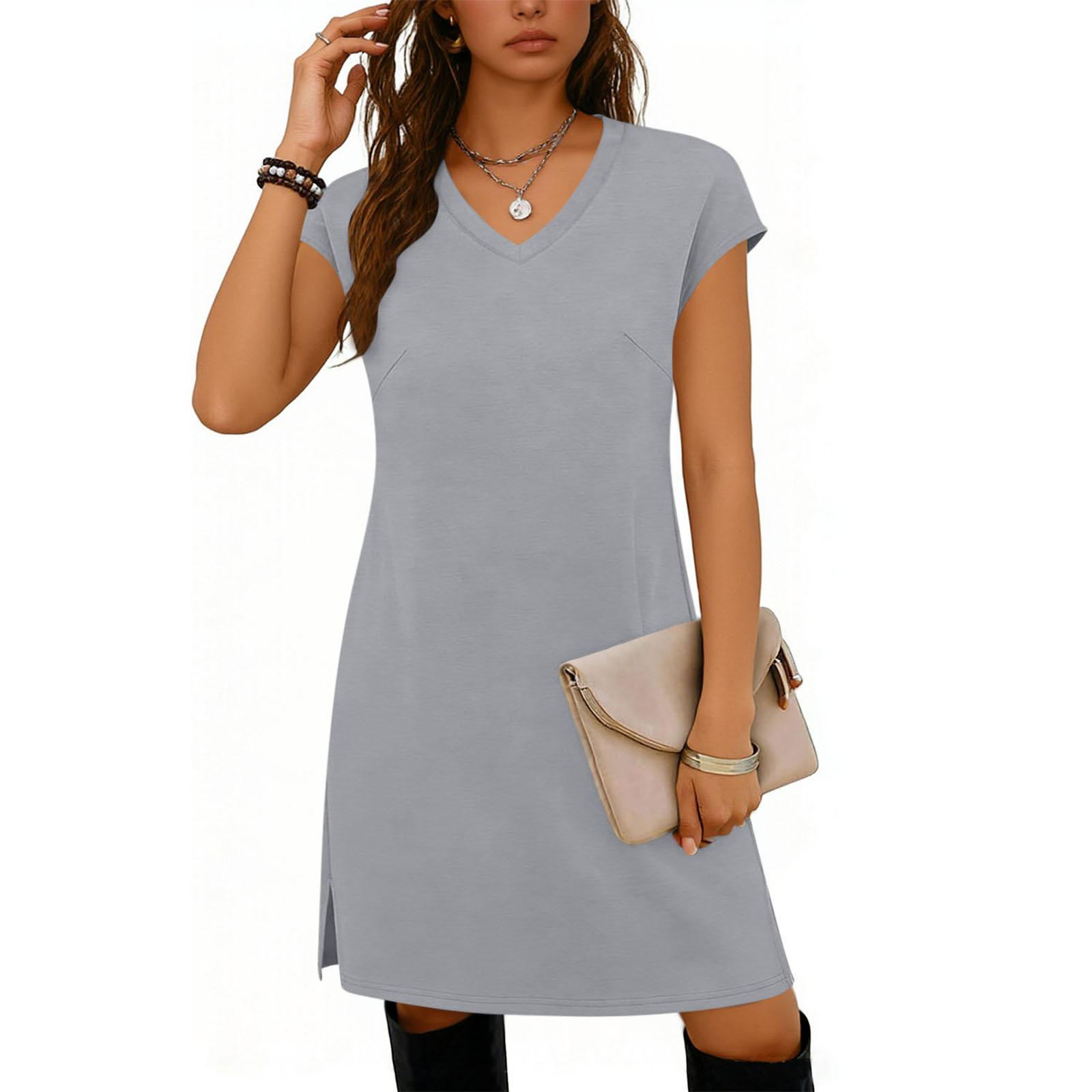 

Fashionable Women s V-neck Hem Slit Color Casual Dress L