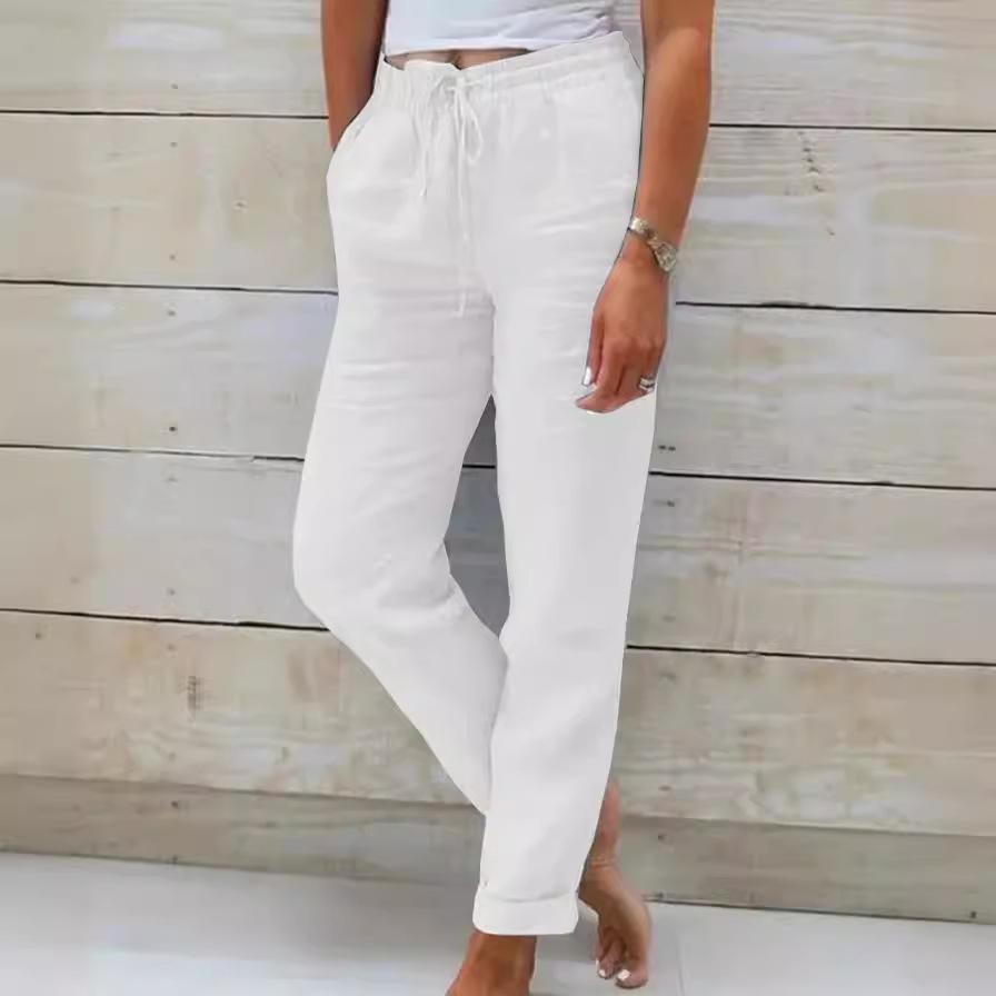 Pantalones Casuales de Algodón Lino Elástico de Cintura Alta para Mujer 2024